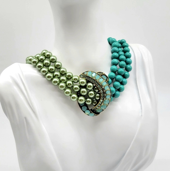 Heidi Daus Rare 80s Vintage Half Pearl Half Turquoise Choker w/ Crystal Pendant - Picture 7 of 11
